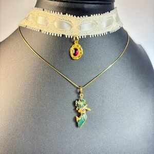 Necklace Lot Gold Tone Shoe Charm and Ribbon Choker With Red Stone Pendant